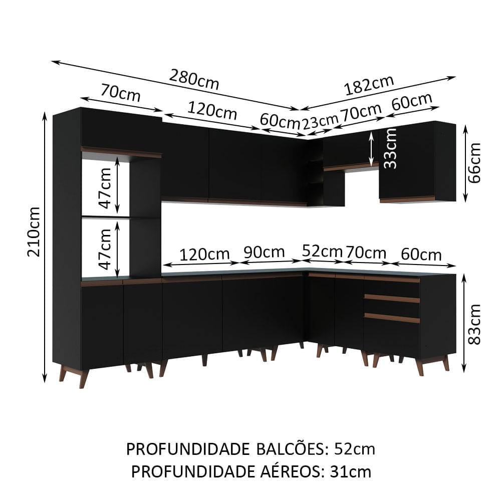 Cozinha Completa de Canto Madesa Reims 462001 com Armário e Balcão Preto Cor:Preto