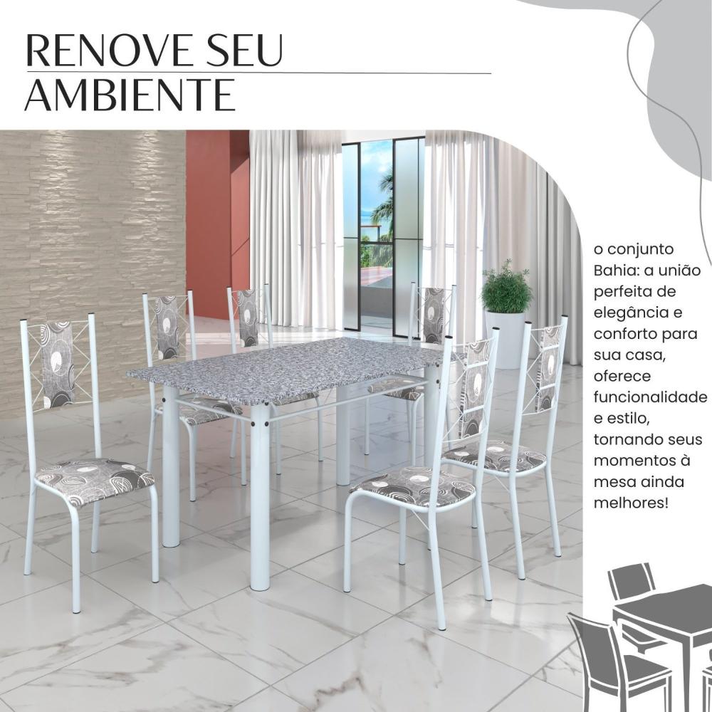 Conjunto Sala de Jantar Bahia Mesa Tubo 140x75cm Tampo Pedra Granito com 6 Cadeiras Paraopeba/Branco