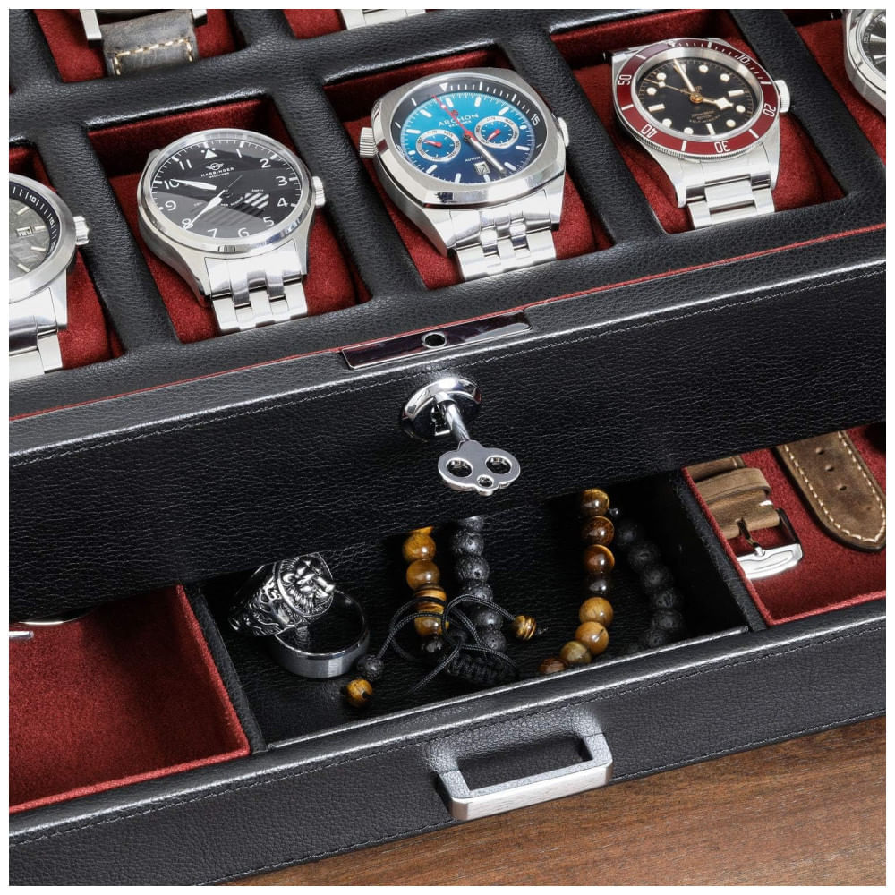 Caixa, Estojo de Couro com Gaveta de Manobrista para Relógios com 12 Compartimentos, ROTHWELL, Preto e Vermelho