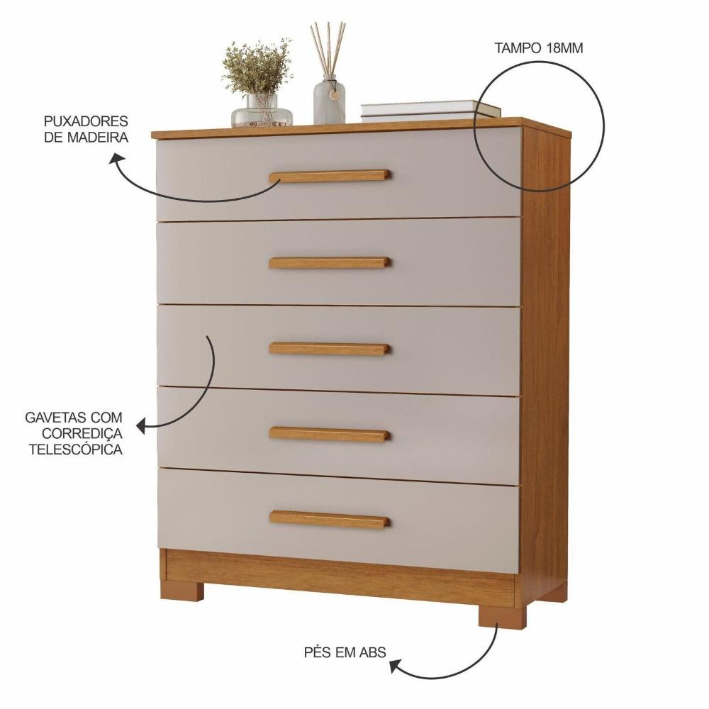 Miniatura Cômoda para Quarto 5 Gavetas 82cm Cristina Cinamomo / Off White