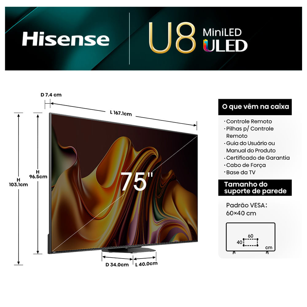 Miniatura Smart TV Hisense QLED Mini UHD 4K 75" Polegadas Frequência 144 Hz e Wi-Fi - 75U86LUA Bivolt