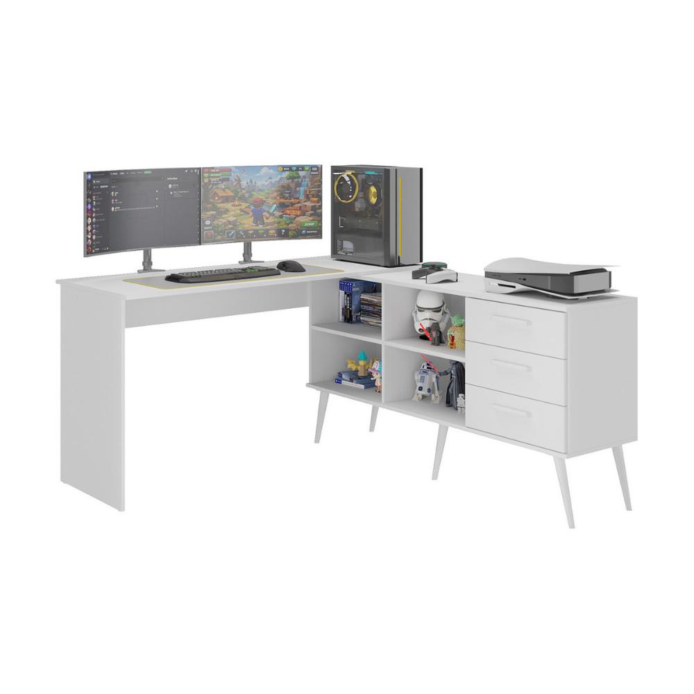 Miniatura Mesa Gamer em L para Computador com 3 Gavetas Nexus Multimóveis MP6048 Branco