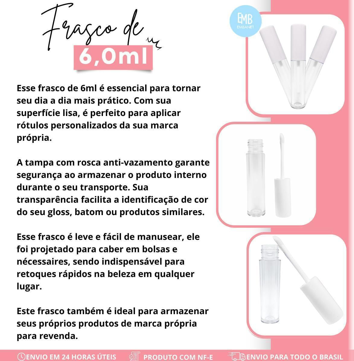 Miniatura Frasco 6Ml Redondo Para Batom Gloss Labial Premium 5Unidades