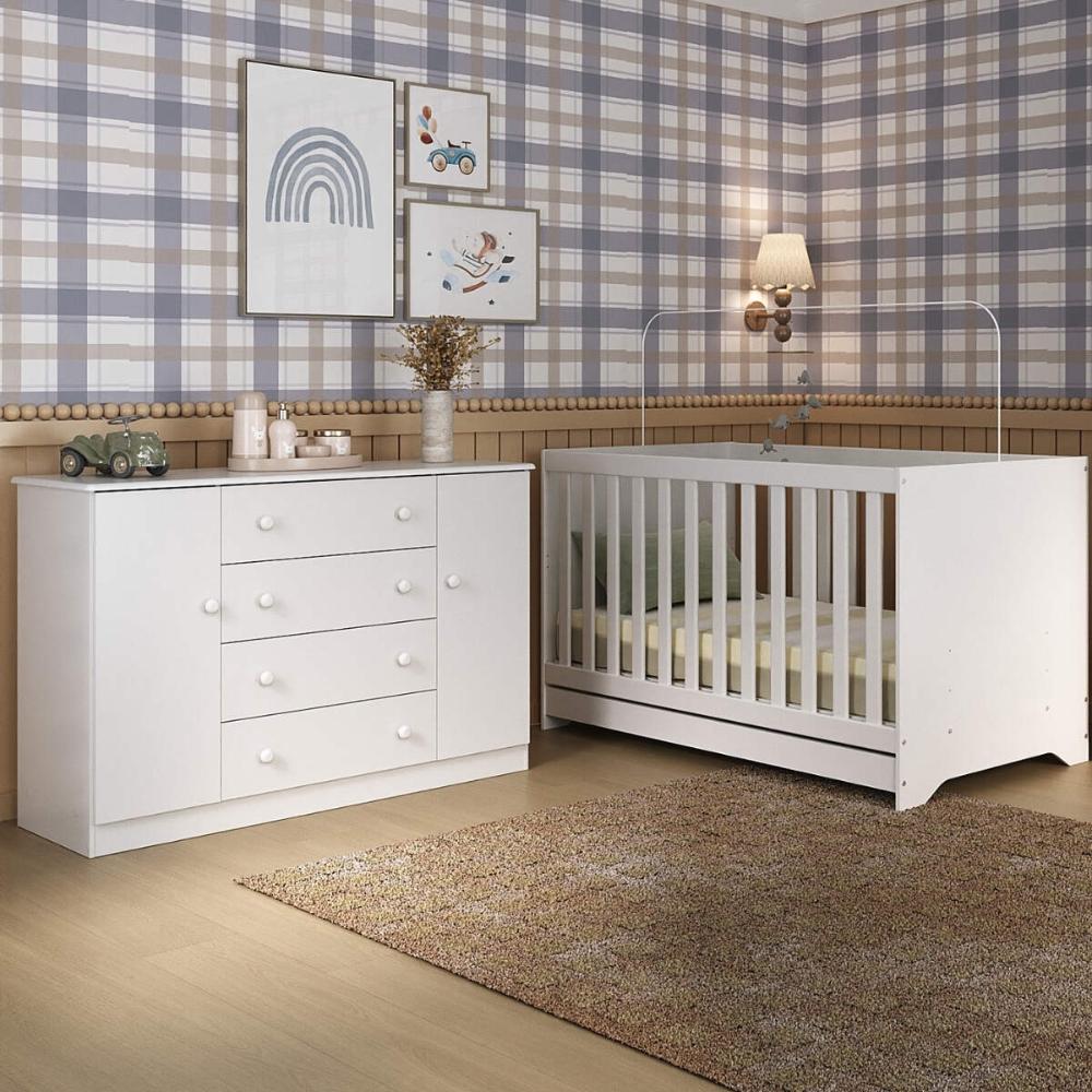 Miniatura Berço Americano 3 em 1 com Cômoda 2 Portas 4 Gavetas Encanto Multimóveis MP4691 Branco