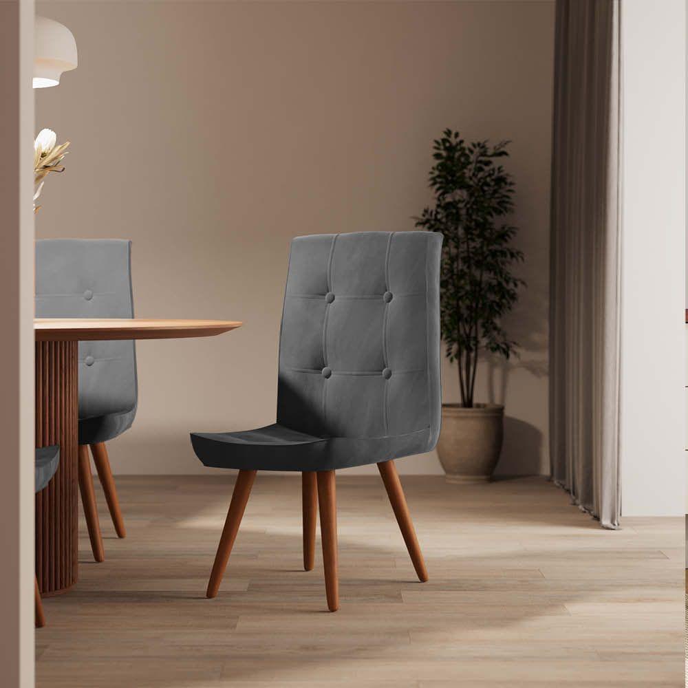 Miniatura Kit 03 Cadeira De Jantar Drop Com Botão Base Pé Palito Castanho Suede Cinza - Amey Decor