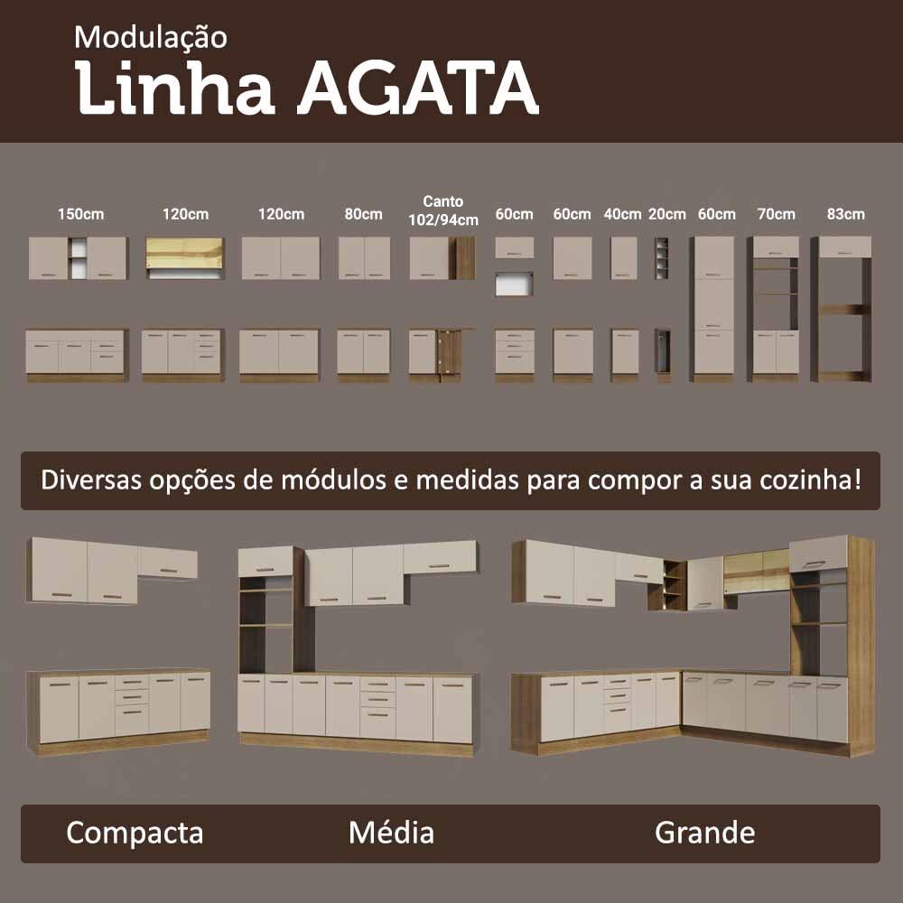 Armário de Cozinha Compacta 190cm com Cristaleira Rustic/Crema Agata Madesa 01 Rustic/Crema