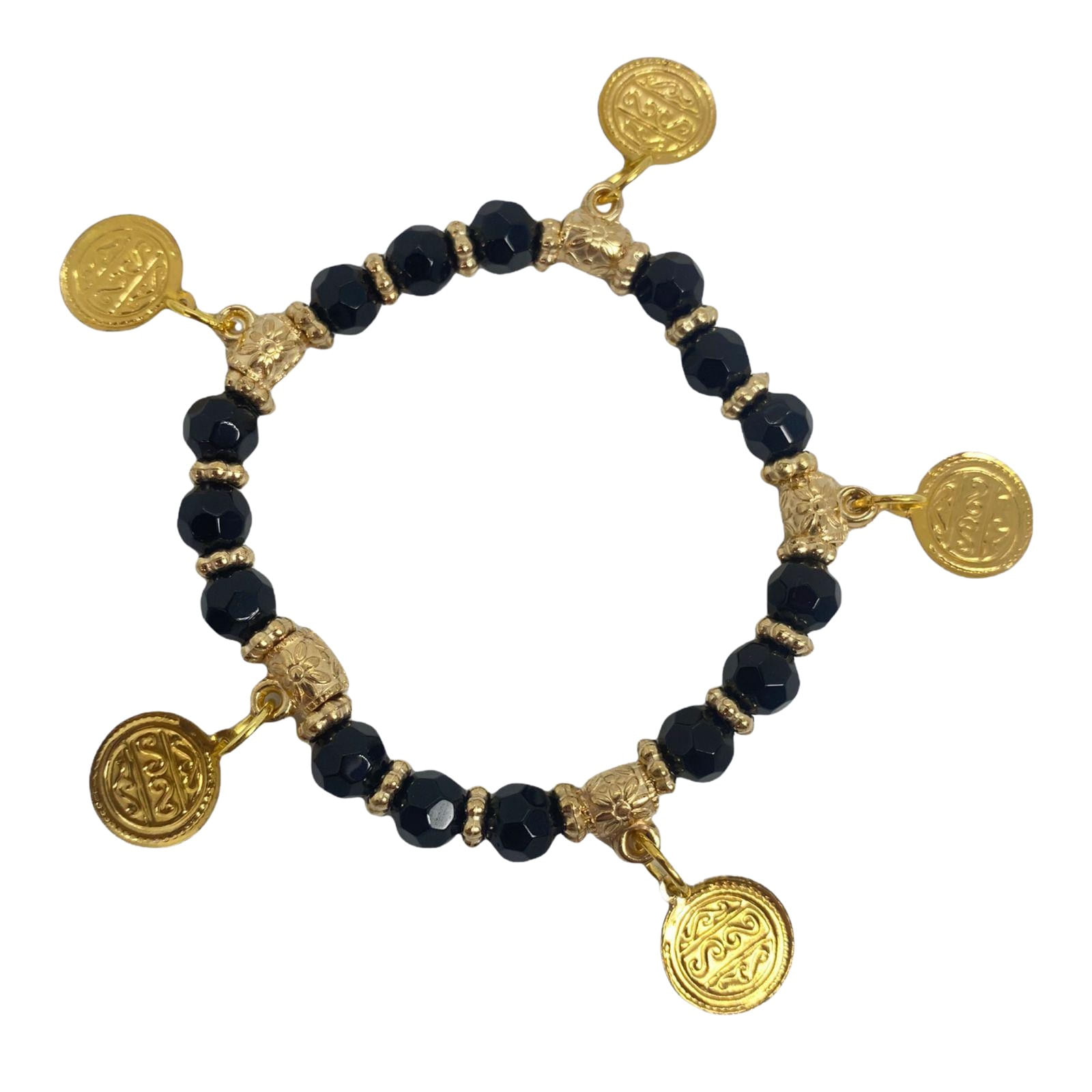 Miniatura Pulseira Cigana Preta Cristal E Silicone Com Moedas