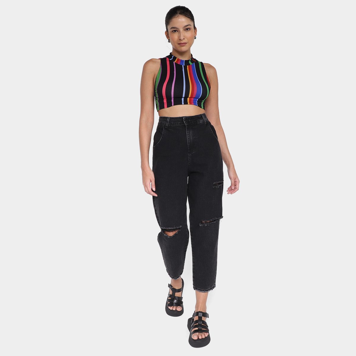 Miniatura Calça Jeans Sawary Slouchy Elastano Feminina Preto - 34