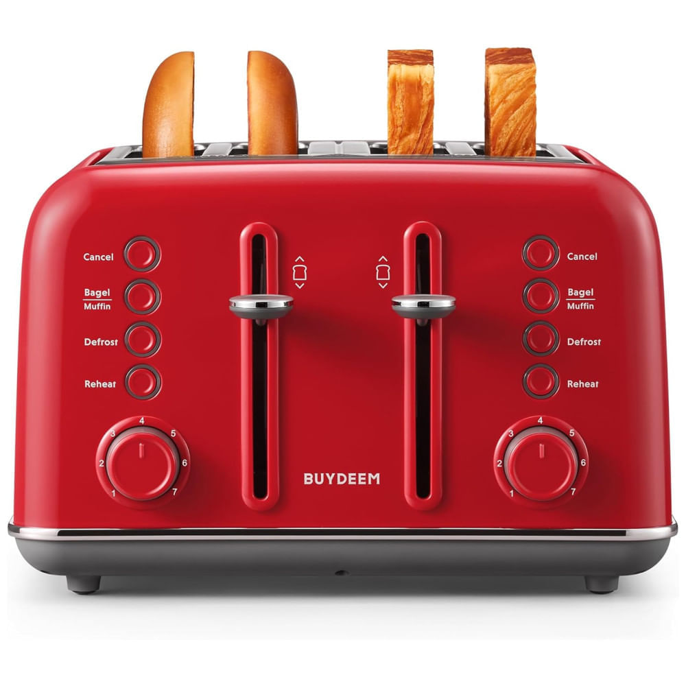 Miniatura Torradeira BUYDEEM DT640 4 Fatias, Slots Largos, Aço Inox, Alavanca Alta, Função Bagel e Muffin, Bandeja Removível - 110V