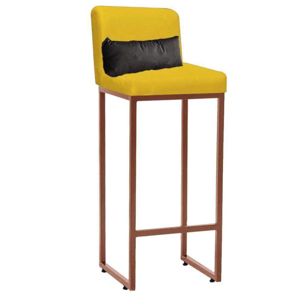 Miniatura Banqueta Alta Com Encosto Industrial Ferro Bronze Suede Amarelo E Almofada Cinza - Amey Decor