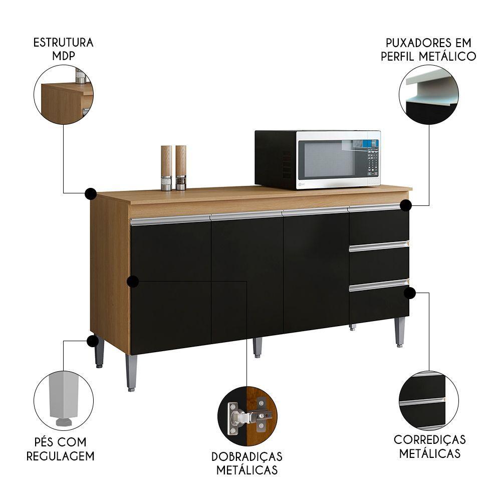 Miniatura Balcão De Cozinha Com Tampo 160cm 3 Gavetas Andréia Amêndoa Preto