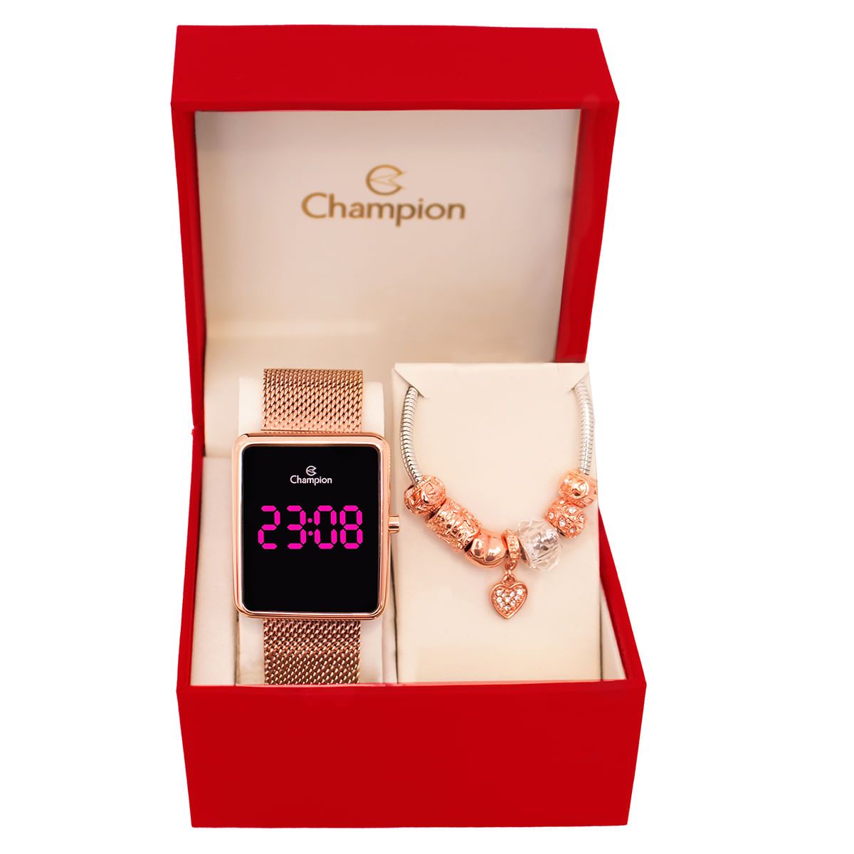 Miniatura Relógio Feminino Champion Digital Quadrado Rosé CH40083H Led Rosa + Pulseira Berloques
