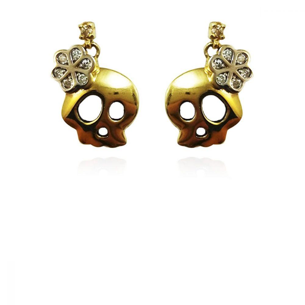 Miniatura Brincos Ouro Amarelo 18k Caveira com Diamantes L 12.5