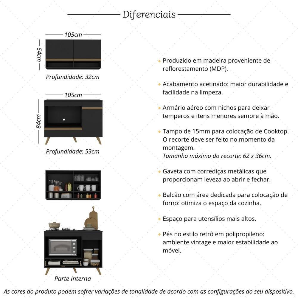 Miniatura Armário De Cozinha Modulada Compacta 105cm Com Balcão Para Cooktop Veneza Multimóveis Mp2260 Preto Dourado