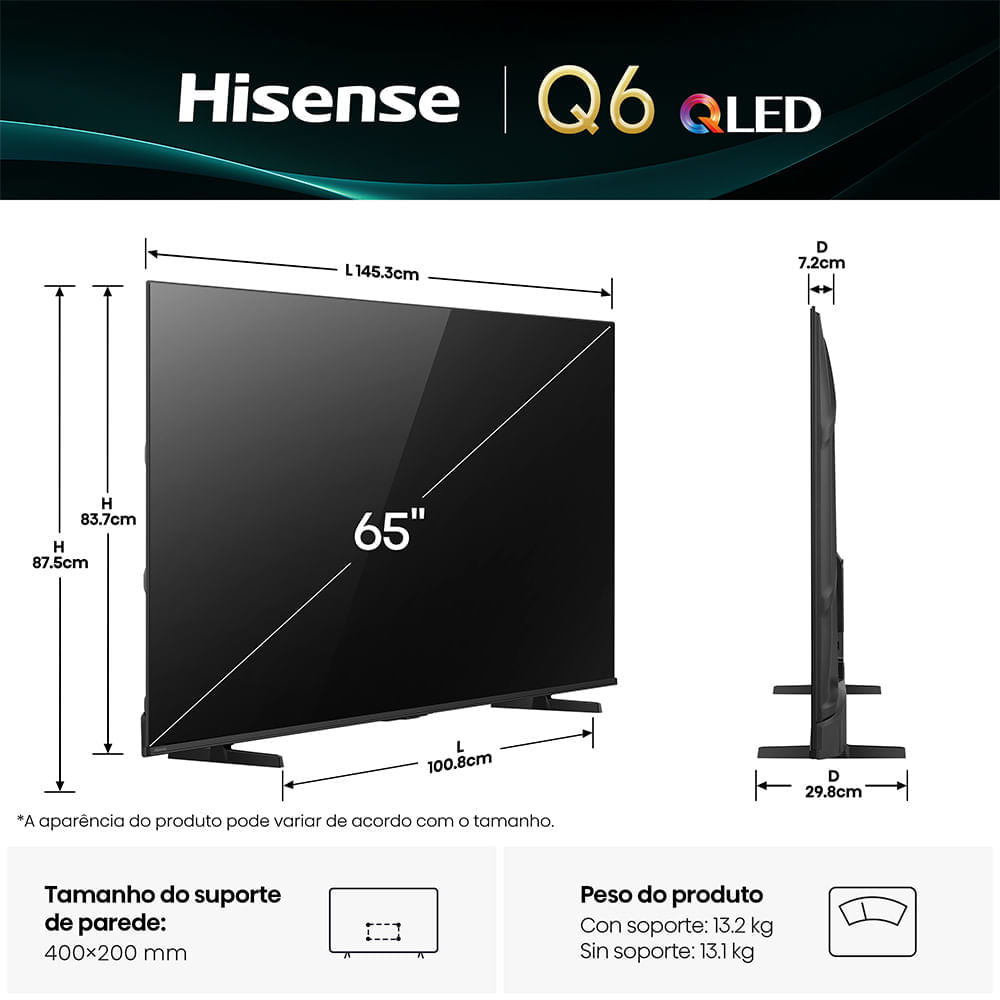 Miniatura Smart TV Hisense QLED 4K 65" Polegadas com Dolby Vision, Dolby Gaming, Alexa e Google - 65Q6QV Bivolt