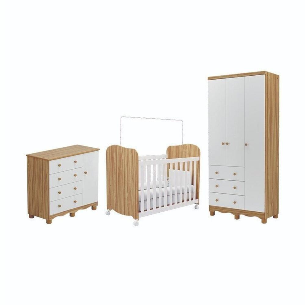 Quarto de Bebê Completo com Guarda Roupa 3 Portas Cômoda e Berço 100% Mdf Mimo Espresso Móveis Branco Brilho/Amêndoa
