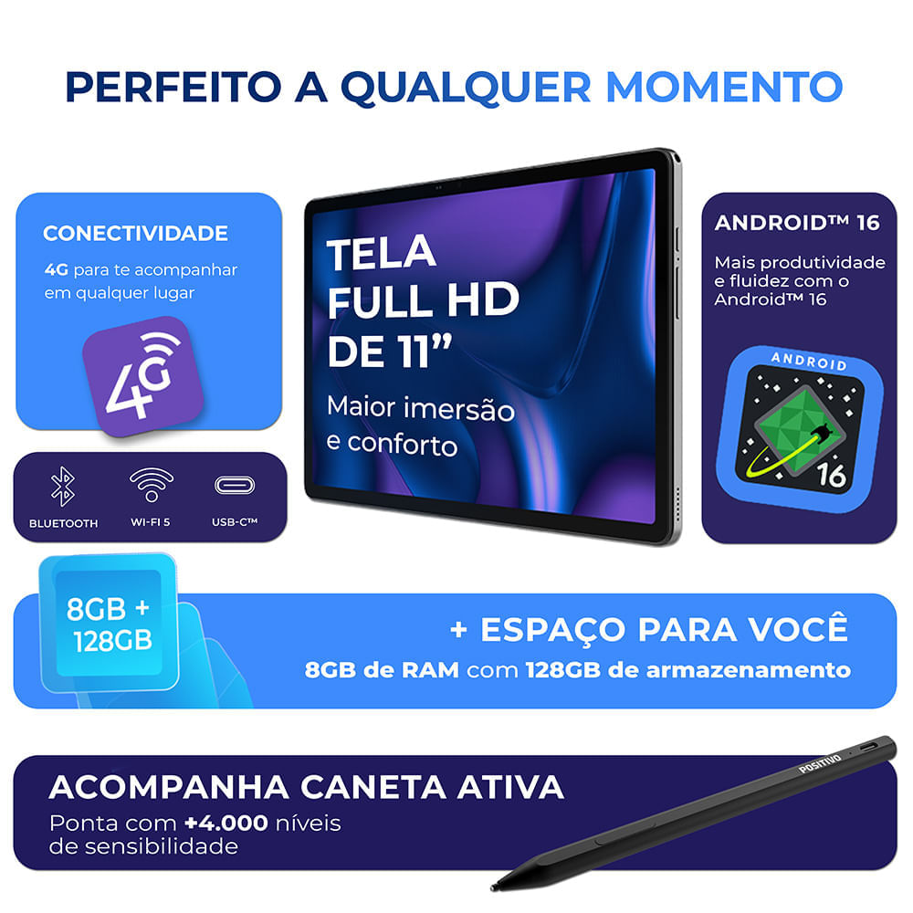 Miniatura Tablet Positivo Vision TAB 11 com Capa Teclado e Caneta 4GB 128GB 4G 11” Full HD Octa-Core  Preto