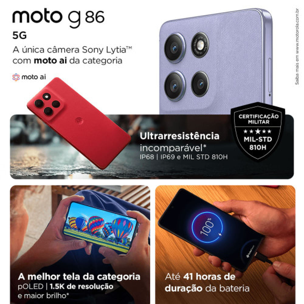 Smartphone Motorola Moto G86 5G 256GB 24GB 8GB RAM+16GB Tela 1.5K pOLED 50MP Sony Câmera Moto AI Vídeos em 4K IP68 + IP69 Grafite
