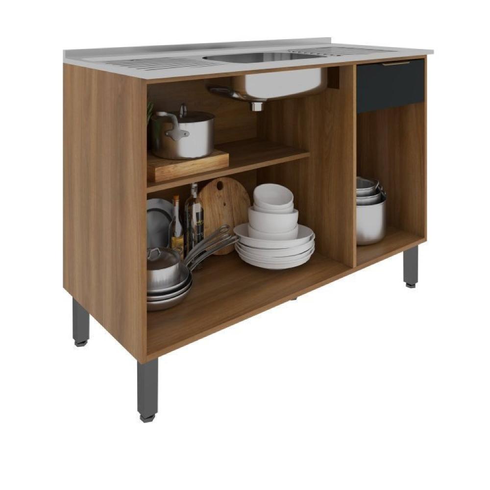 Conjunto de Cozinha Modulada 4 Peças 11 Portas 1 Gaveta Thalita Moveis Sul Nogal Manchester/Preto