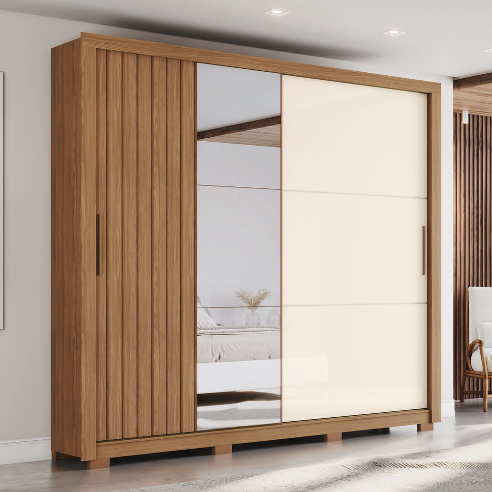 Miniatura Guarda Roupa Casal Vasti 2 Portas Deslizantes com Detalhe Ripado/Soft 4 Gavetas com Usinagem e Pes Inclusos Nature com Off White