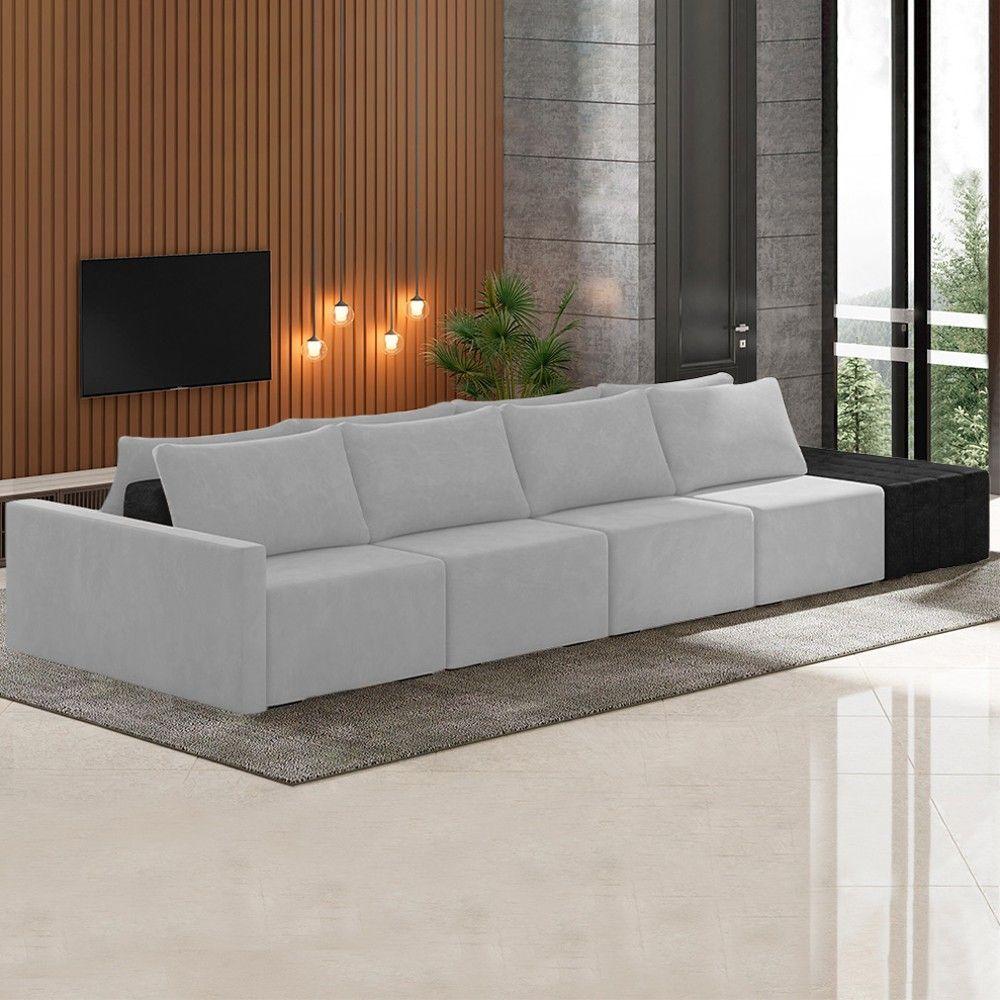 Miniatura Sofá Ilha Modular Living Com Puff 392cm Georgia K04 Veludo Cinza/preto - Mpozenato