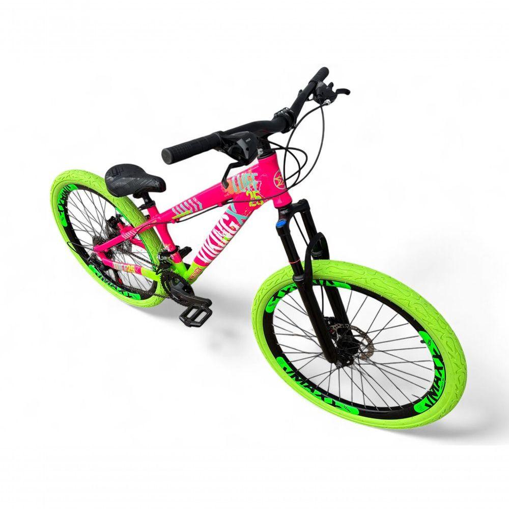 Miniatura Bicicleta Aro 26 Vikingx Tuff X25 Freeride Câmbios Shimano 21v Freio A Disco Aros Vmaxx Pneu Flame - Rosa-verde