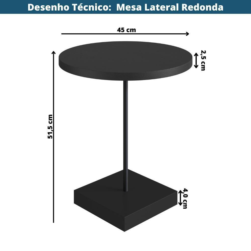 Miniatura Mesa Lateral Redonda Artesano 45 Cm (larg) Tampo E Base Mdp Preto C/ Tubo Metálico Aço Carbono Preto