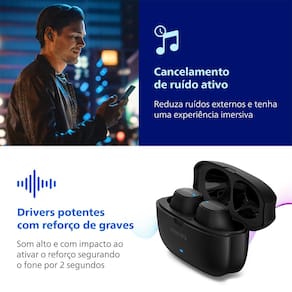 Miniatura Fone de Ouvido Philips TAT2500BK/00 Bluetooth Cancelamento de Ruído Intra-Auricular TWS 24h Bateria Preto