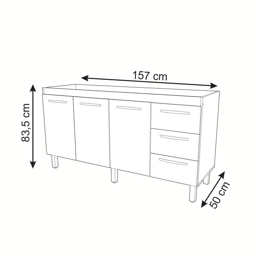 Miniatura Balcão Cozinha Armário Gabinete Para Pia 157 Cm 3 Portas E 3 Gavetas Estela Branco
