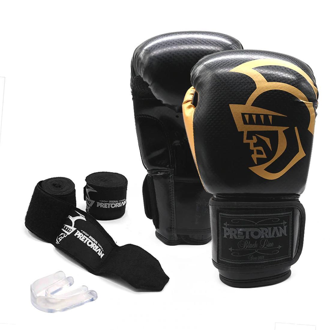 Miniatura Kit Boxe Luva Pretorian Black Line 12Oz Bucal E Bandagem Amarelo