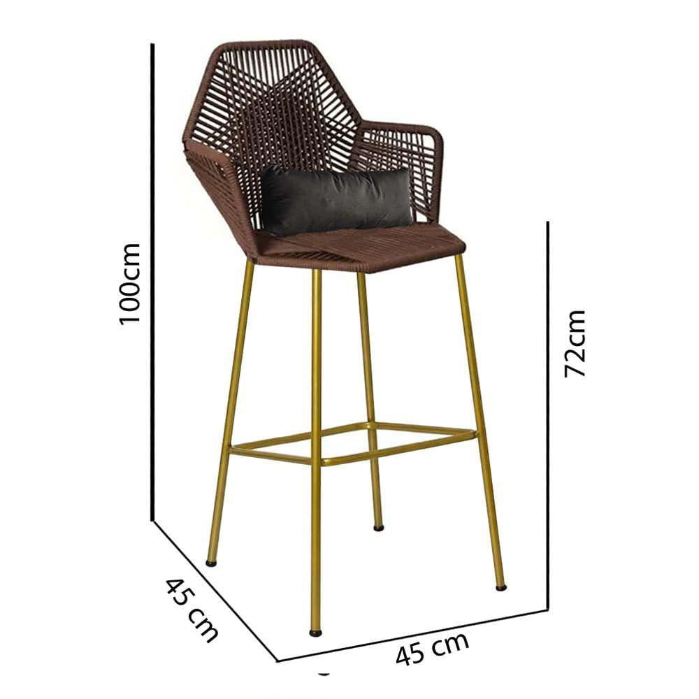 Miniatura Banqueta Alta Com Encosto Sttar Ferro Dourado Fibra Marrom Almofada Suede Cinza