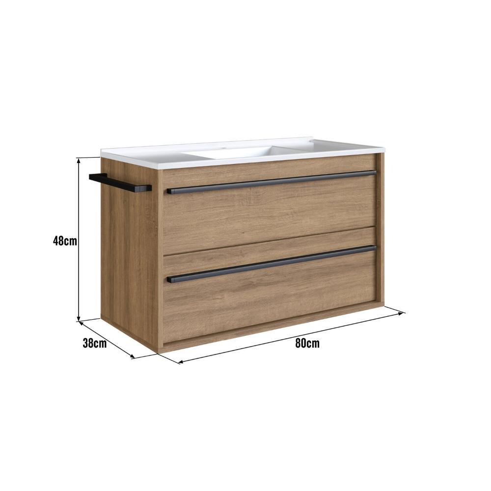 Miniatura Gabinete de Banheiro Suspenso 80cm com 1 Toalheiro 1 Porta 1 Gaveta Bh8030 com Lavatorio Mel