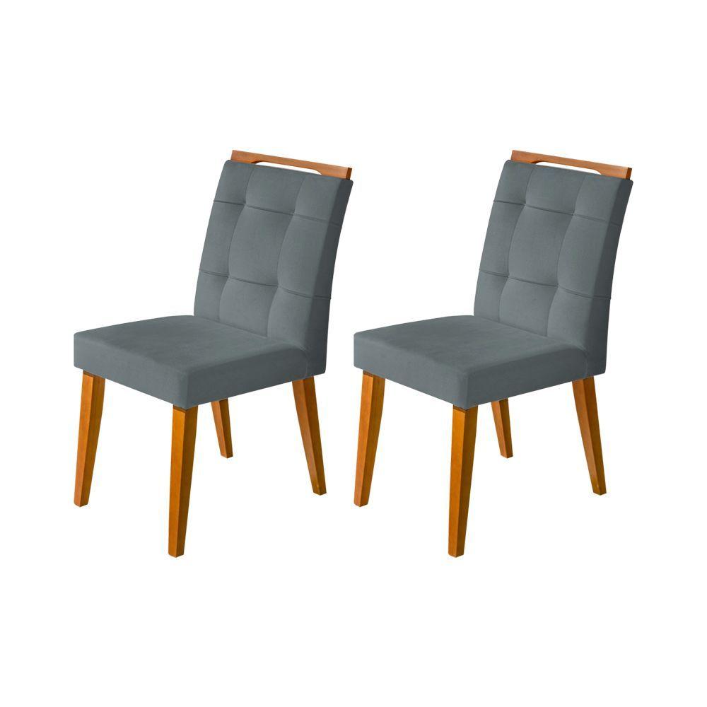 Miniatura Kit 2 Cadeiras Jantar Agatá Estofadas Veludo Cinza Com Alça Madeira Maciça Mel
