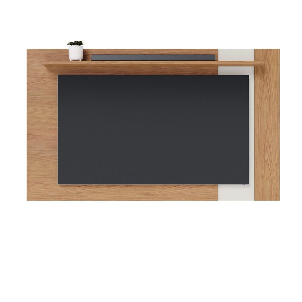Miniatura Rack com Painel para Tv 70 Polegadas Otawa e Leme Porta Deslizante Ripado Artesanal Pés Madeira Freijó / Off White Matte