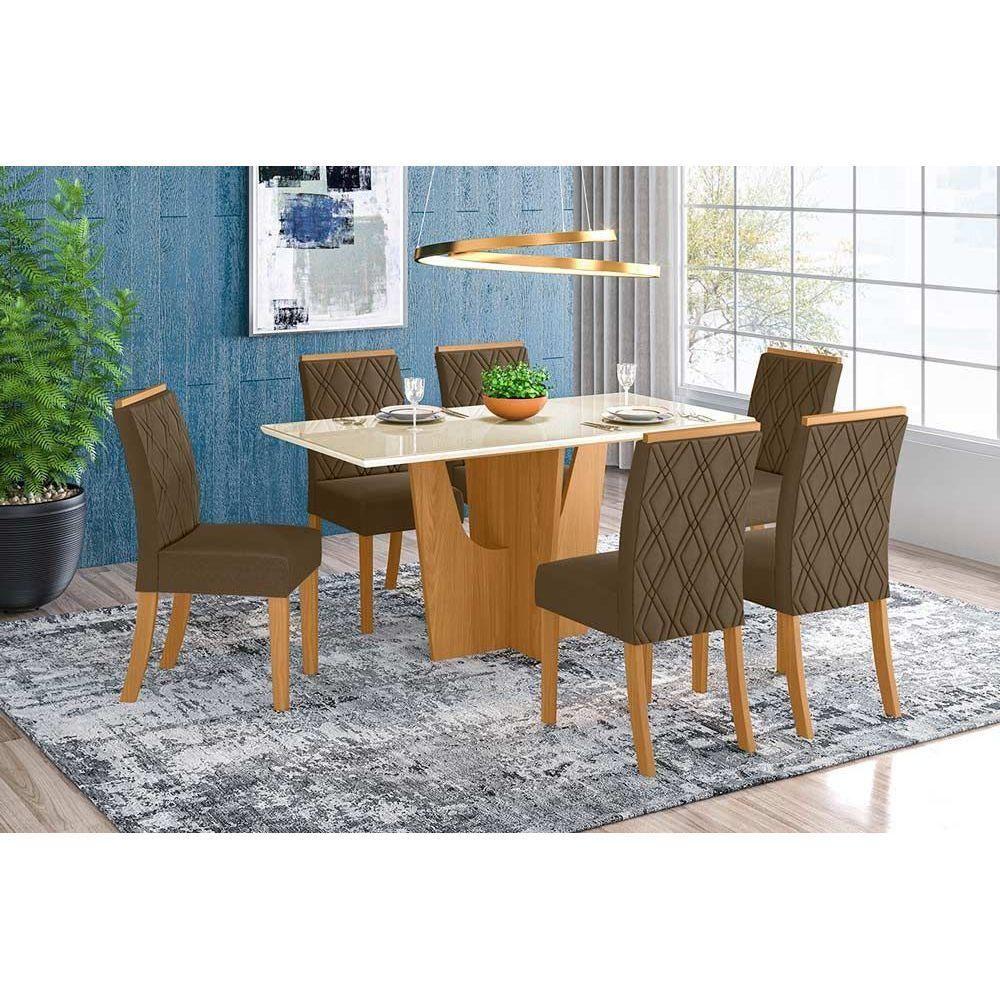 Miniatura Conjunto Mesa De Cozinha Vértice Tampo Madeirado Com Vidro 160x80cm E 6 Cadeiras Vita Nature Suede Light Bege Henn