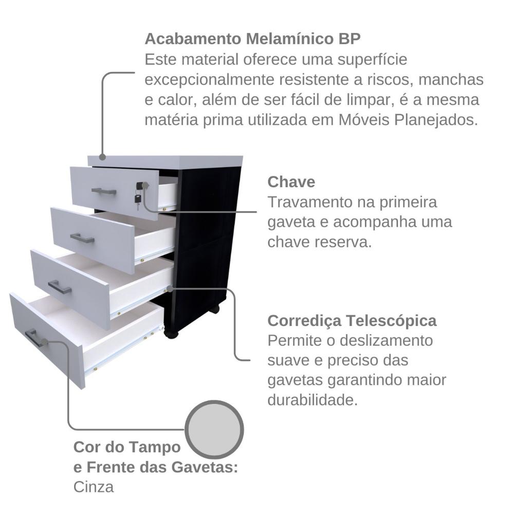 Gaveteiro Volante com 4 Gavetas para Escritório ou Home Office Preto/Cinza Cristal