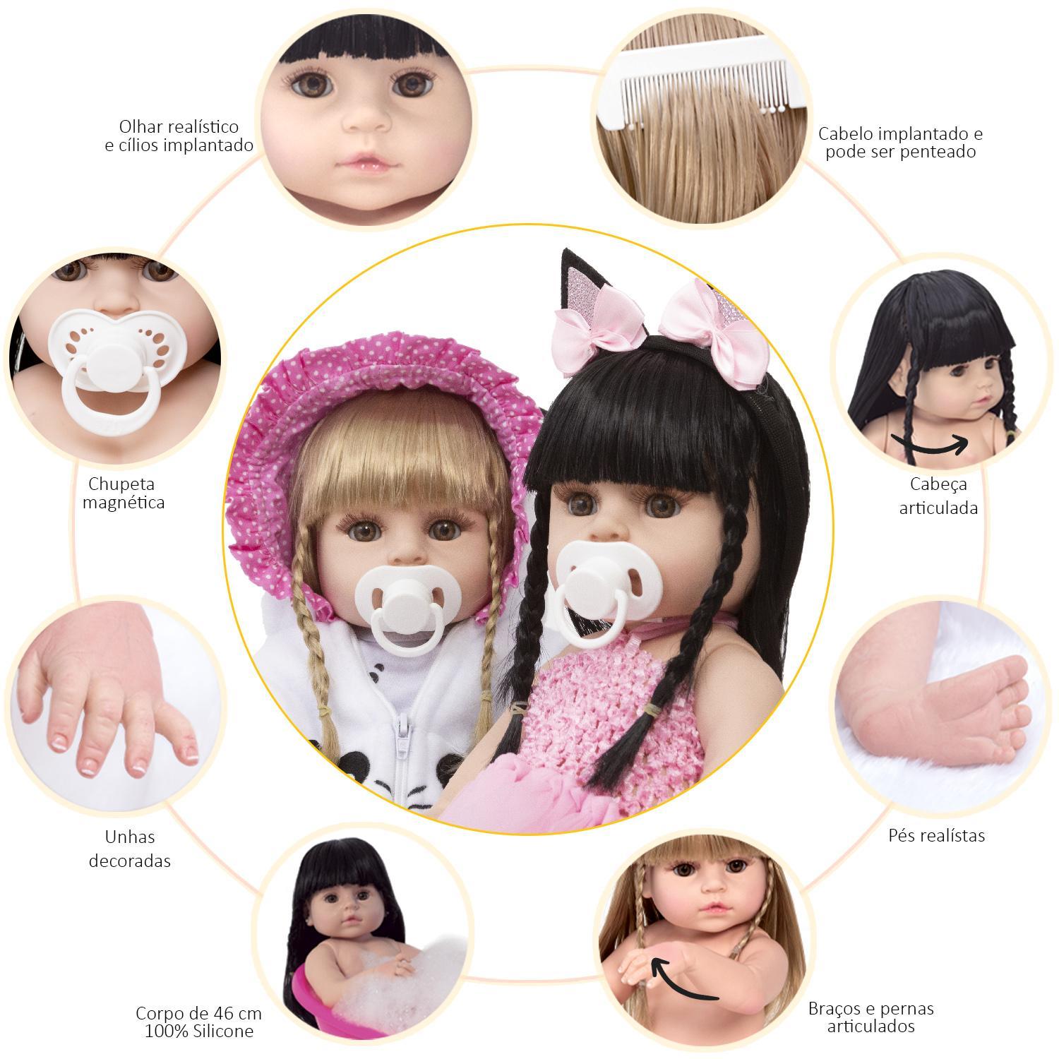 Miniatura Bonecas Bebê Reborn Gêmeas - Cegonha Dolls - Vinil Siliconado - 46cm