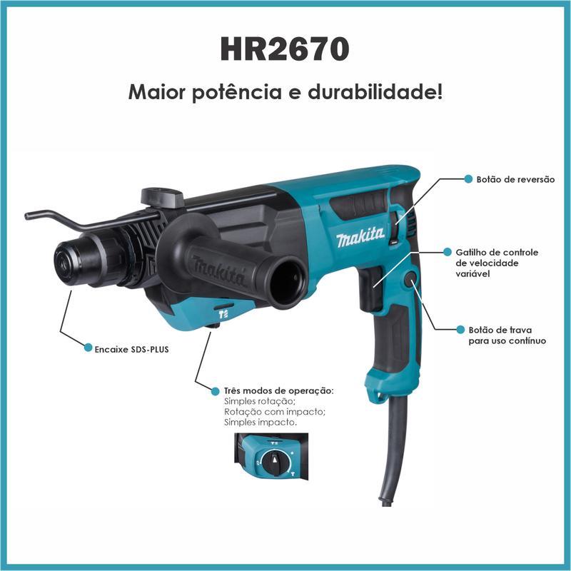 Miniatura Martelete Rompedor Sds Plus Hr2670 Makita 800W + Brocas