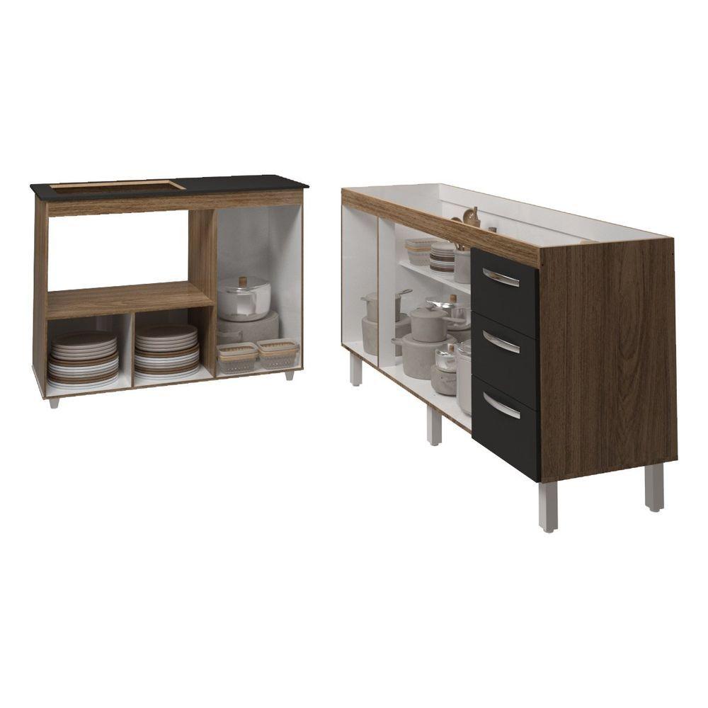 Miniatura Balcão Armário Gabinete De Pia 150 Cm Deise E Balcão Alana Para Fogão Cooktop 4 Bocas E Forno Elétrico Savana Preto