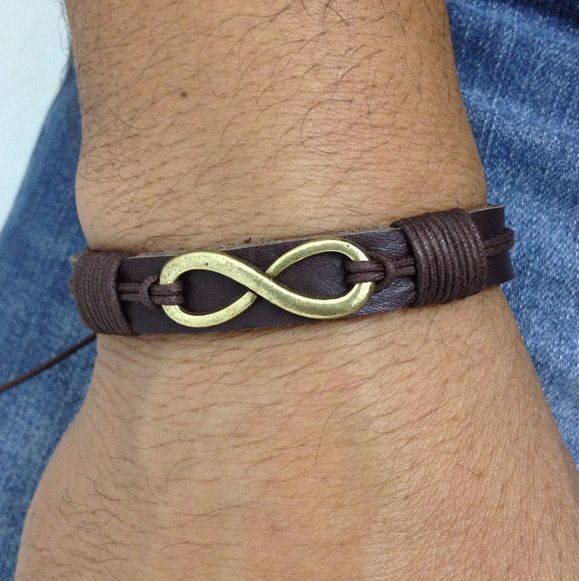 Miniatura Pulseira masculina couro e simbolo infinito ouro velho