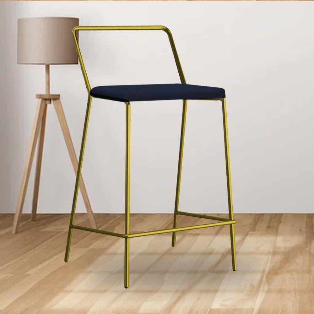 Miniatura Banqueta Alta Com Encosto Mili Industrial Cozinha Bistrô Ferro Dourado Suede Azul Marinho