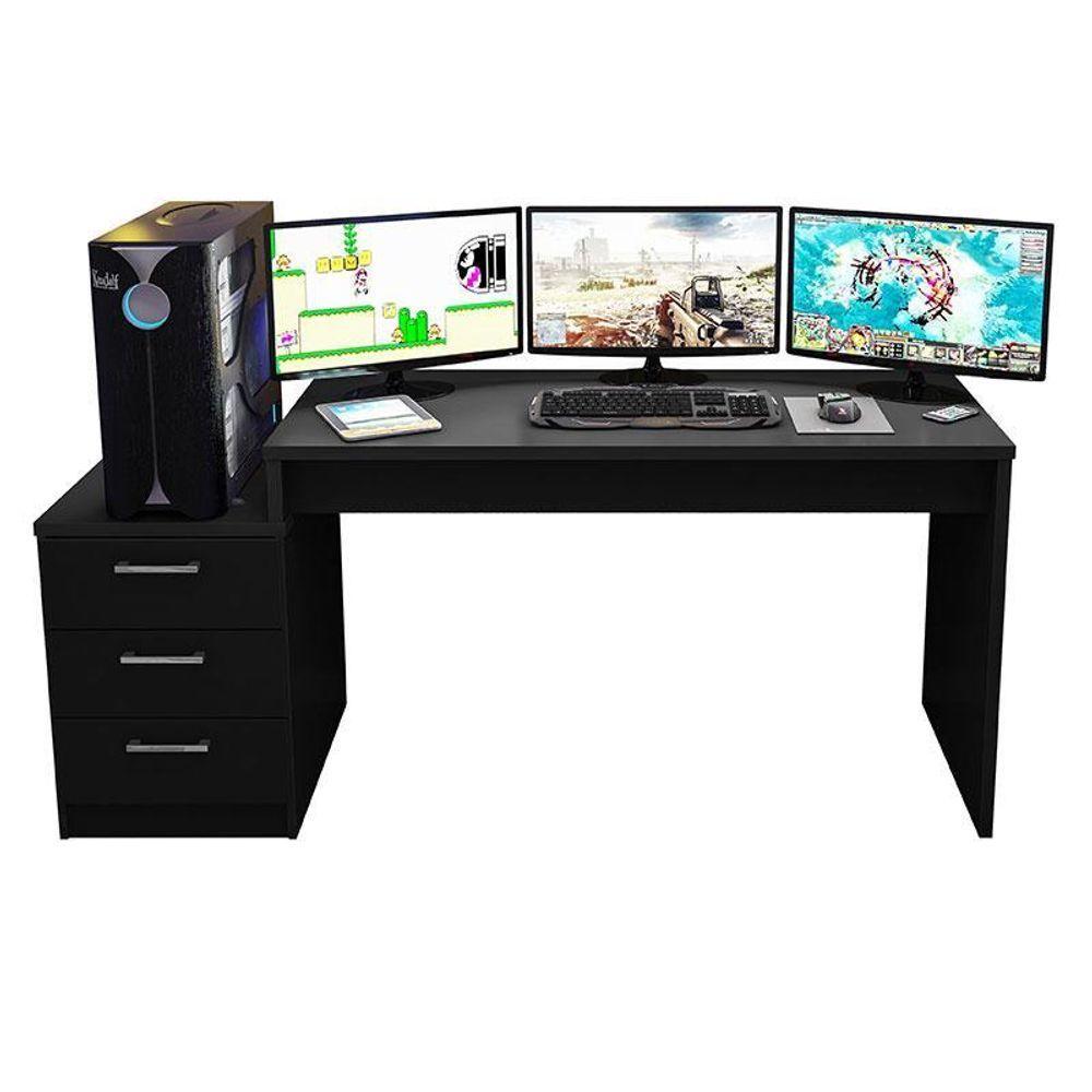 Mesa Para Computador Gamer Drx 5000 E Livreiro Office Com Portas Pequenas Preto Trama - Móveis Leão