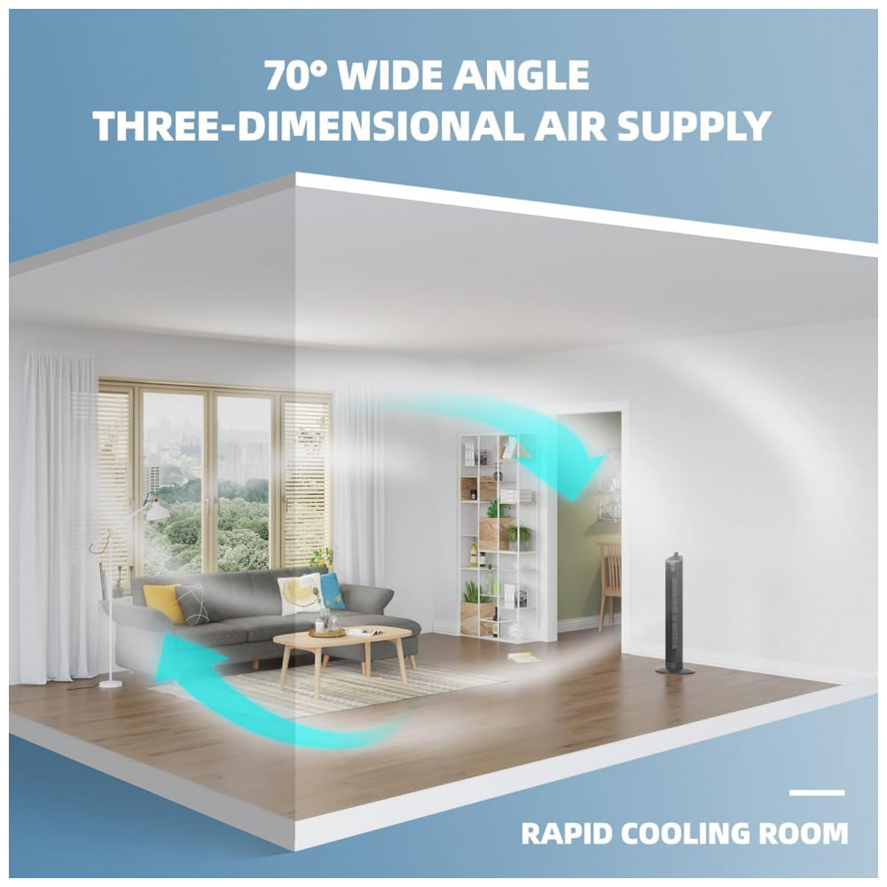Miniatura Ventilador de Torre com 3 Velocidades, Controle remoto e Silencioso, 110V Simples Deluxe, Preto