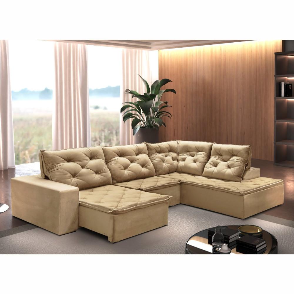 Miniatura Sofá de Canto com Chaise 3 Lugares M136 Martins Estofados Veludo/Bege