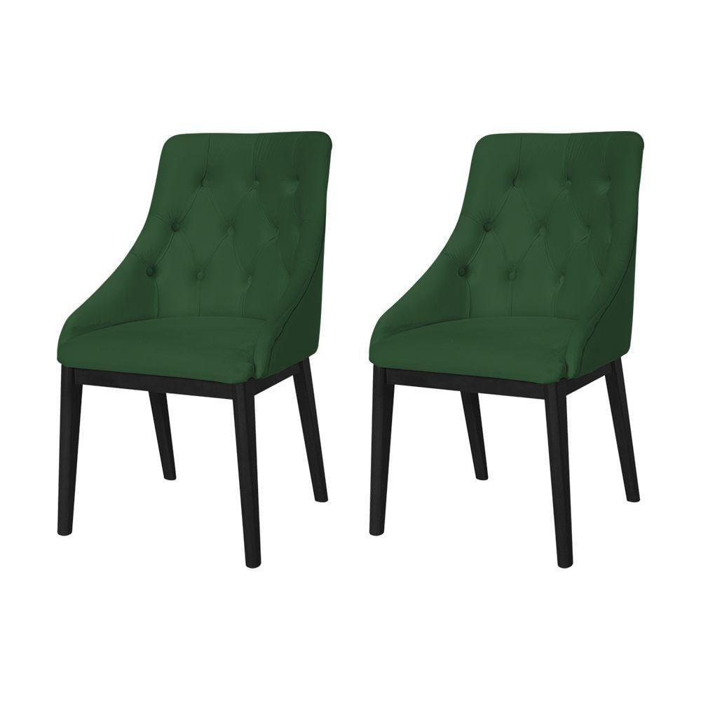 Miniatura Kit 2 Cadeiras De Jantar Elisa Nobre Estofada Capitonê Veludo Verde Base Madeira Maciça Preto