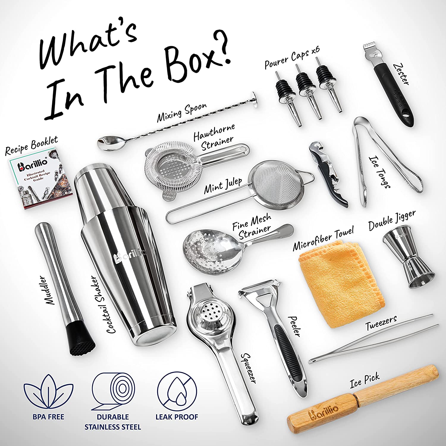 Miniatura Barillio Kit Barman Profissional 17 Peças em Aço Inoxidável co m Bolsa de Lona para Transporte