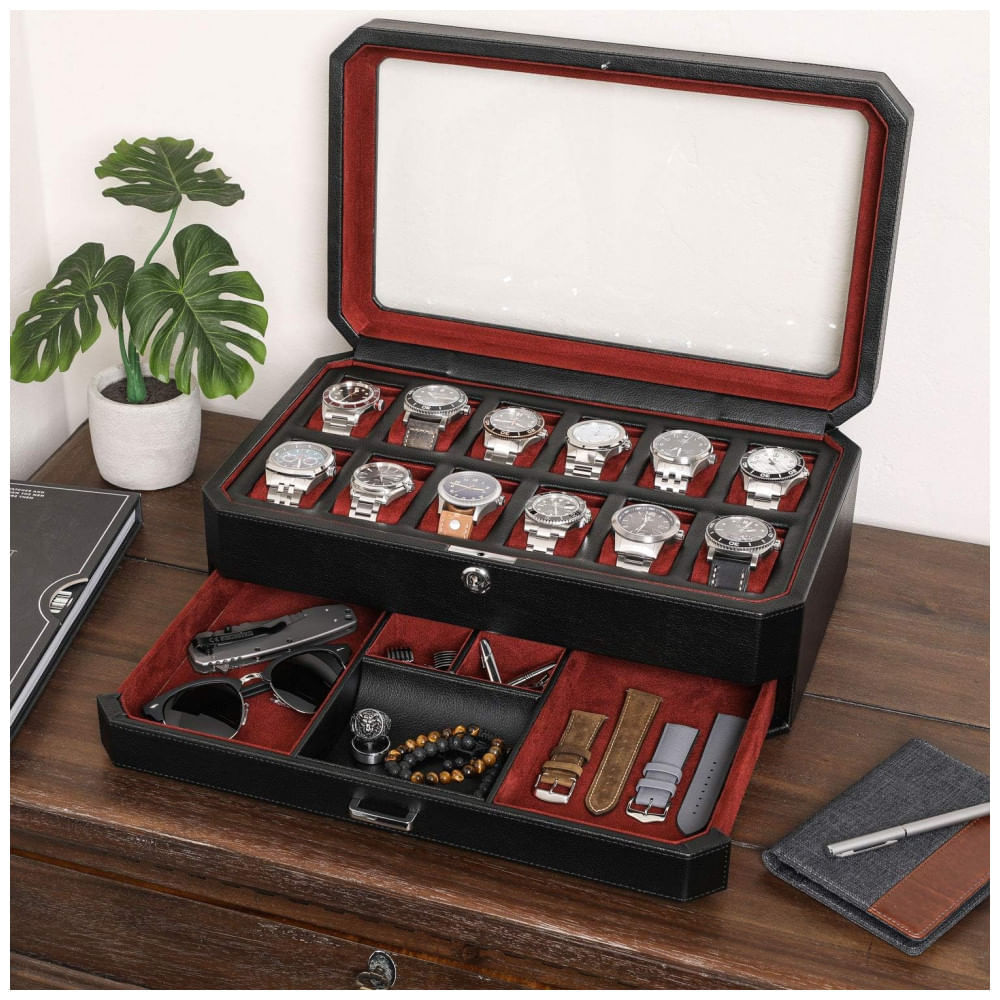 Miniatura Caixa, Estojo de Couro com Gaveta de Manobrista para Relógios com 12 Compartimentos, ROTHWELL, Preto e Vermelho