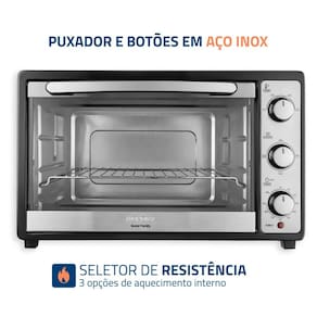 Miniatura Forno Elétrico Mondial Grand Family II FR-52 com Multifunções, Controle de Temperatura e Timer de 90 Minutos Preto/Inox 1800W - 52 Litros 110V