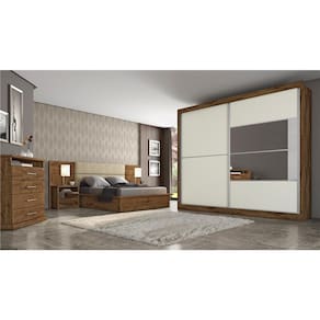 Miniatura Guarda-Roupa Casal Móveis Europa Londres Flex com Espelho, 2 Portas de Correr e 4 Gavetas - 205cm de largura Brauna/Off White