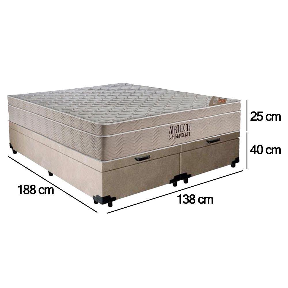 Miniatura Cama Box Baú Casal Suede Bipartido + Colchão Ortobom Airtech Molas Ensacadas 138x188x65 Bege